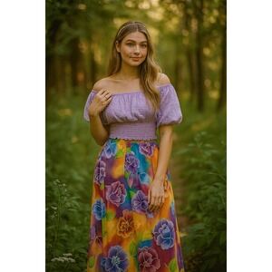 Vintage Y2K 90s Petite Large‎ Midi Skirt Floral Tie Dye Rainbow Boho Hippie Rare